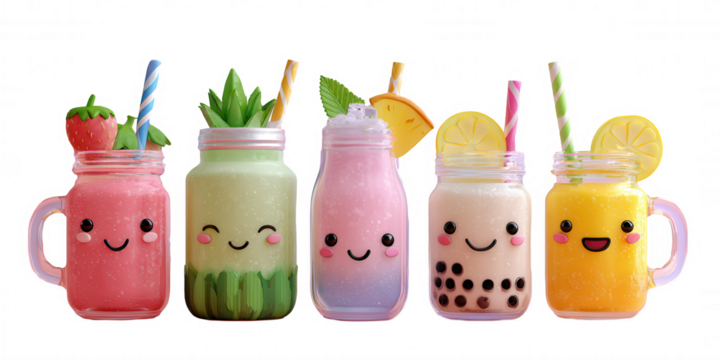 Cute 3D Clay Style Summer Drink Characters Collection with Emoji Faces, Non-Alcoholic Beverages, Transparent Background - Powered by Adobe