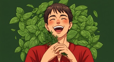 Smiling man holding fresh herbs, surrounded by basil and rosemary.