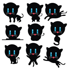 cute black cat vector with different expressions can be used for clip art or children theme design elements