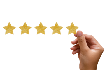 Hand holding five star customer review card floating on white background