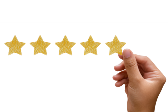 Hand holding five star customer review card floating on white background