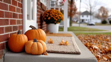 Pumpkins on a porch with fall leaves and a pot of flowers.