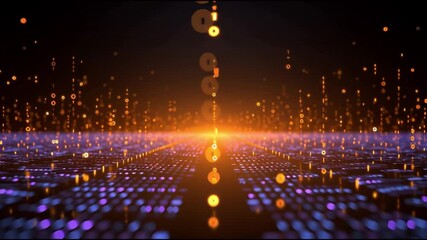 Futuristic abstract technology background featuring dynamic digital stream of glowing orange information. Data particles flow across purple network grid, conveying innovation and energy - Powered by Adobe