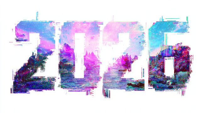Isolated on white background, 2026 written in digital glitch effect style with broken pixels