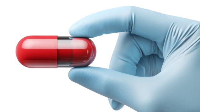 Latex-gloved fingers holding a capsule