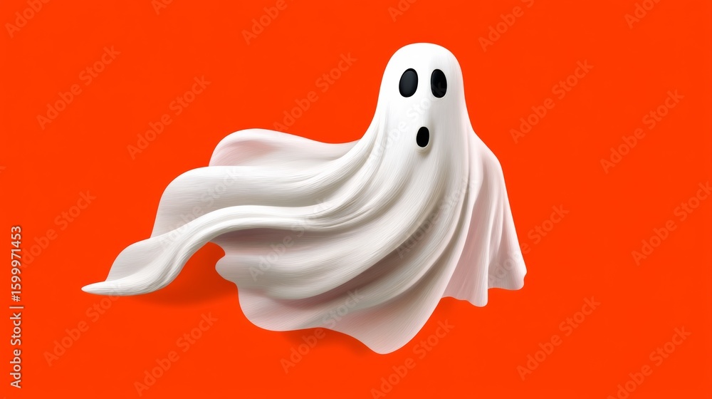 Poster ghostly figure with a white sheet and a black eye is floating in the air. the ghostly figure is surr