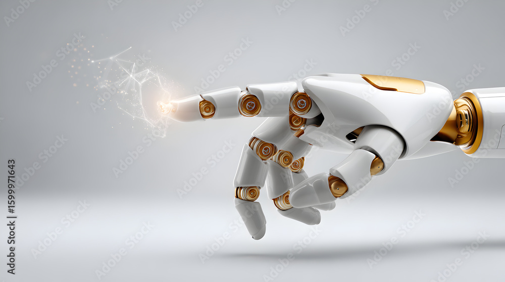 Poster an elegant robot hand interacts with a digital display, showcasing technology and innovation. the im