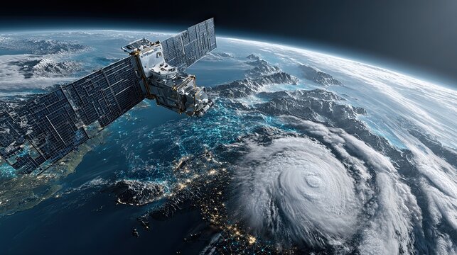 Abstract visual of a satellite-based Earth observation system with real-time climate modeling, AI-enhanced environmental analytics, global sensor network - Powered by Adobe