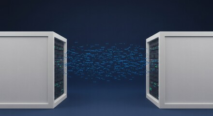 High-speed data stream flowing between two server mainframes, representing cloud computing and network infrastructure.
