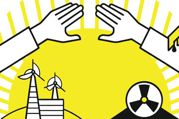 Obraz premium Hands reaching towards renewable energy and nuclear power symbols wind turbines