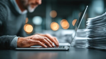 Businessman managing digital invoices on laptop, viewing electronic statements, processing online tax documents, and handling e-billing solutions