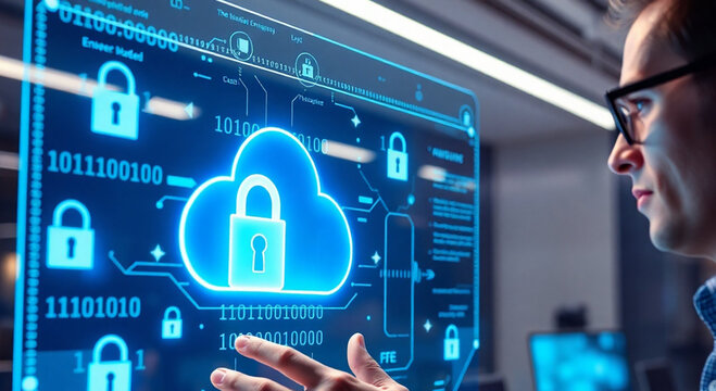 A futuristic transparent touchscreen interface showing encrypted cloud data transfer with floating padlock icons and binary code - Powered by Adobe