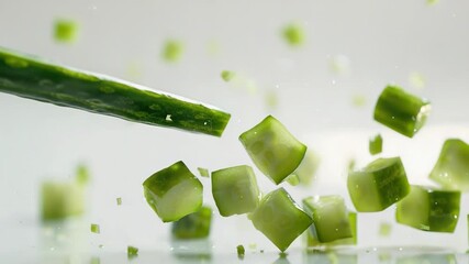 Fresh cucumber being sliced into cubes with a knife - Powered by Adobe