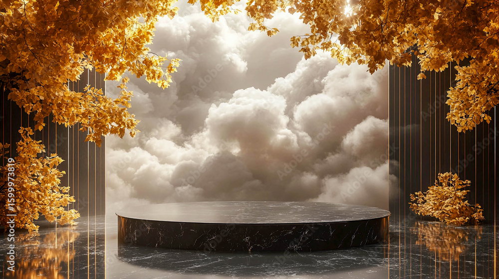 Fototapete a scene with a circular platform made of dark marble in the foreground. the platform is surrounded b
