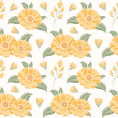  repeating yellow flower pattern with leaves on a white background. Ideal for spring or summer-themed designs and packaging.
