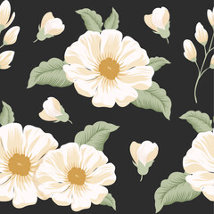 Bold floral pattern with large white flowers and green leaves on a black background. Great for fashion, stationery, or home decor.