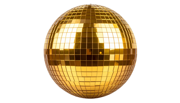 A golden disco ball sparkles and reflects light, isolated on transparent background, creating a festive and glamorous atmosphere isolated on solid white background Png