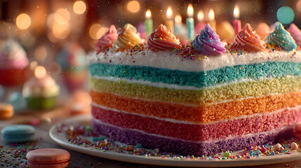 Vibrant multi layered rainbow cake with lit candles