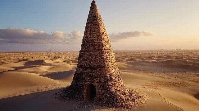 Ancient conical structure in a vast desert landscape