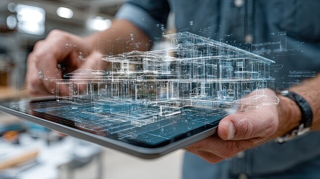 Architect approving project with tablet showing 3D blueprint and finalizing design for modern construction