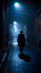 Mysterious Figure Walking Down Foggy Street at Night