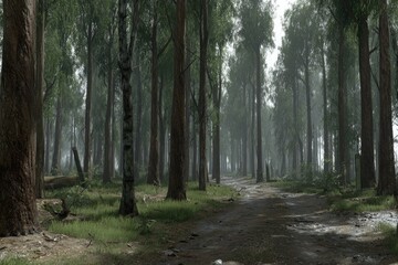 Obraz premium Misty forest path. Tall trees line a dirt road through a misty woodland