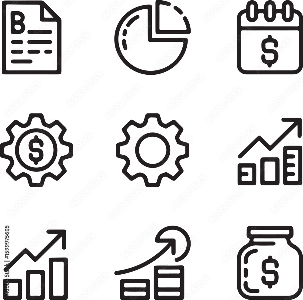 Poster set of business and finance icons in outline style including document chart calendar gear graph and 