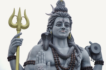 lord shiva majestic statue, shiva trident and damru idol, spiritual statue of shankar bhagwan, powerful hindu god sculpture, lord shiva with snake and rudraksha stock photo.







