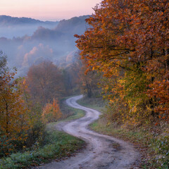 Camino Rural Sinuoso en Bosque de Otoño Brumoso al Amanecer