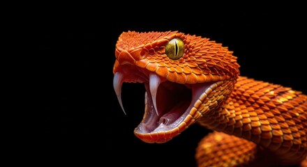 Close up of a viper snake with its mouth open and fangs exposed
