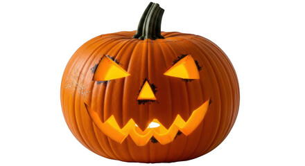 A carved halloween pumpkin jackolantern with a glowing scary face, isolated on transparent background