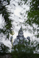 lord shiva behind green leaves, shiva statue through trees, peaceful shiva nature view, majestic deity surrounded by nature,spiritual god in jungle frame, nature framed shiva sculpture.





