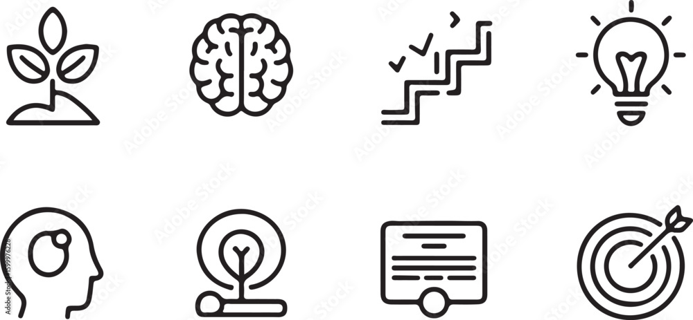 Poster set of business and educational icons representing intelligence growth ideas and recognition in simp