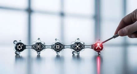 A hand interacting with a futuristic digital interface, pointing to an error or cancellation symbol on a process chain