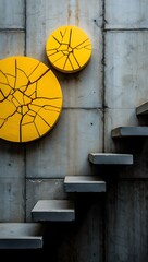 Abstract Yellow Cracked Ceramic Circles on Concrete Wall with Floating Steps