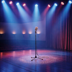 Micrófono en Escenario con Luces Azules y Rojas y Cortina Roja