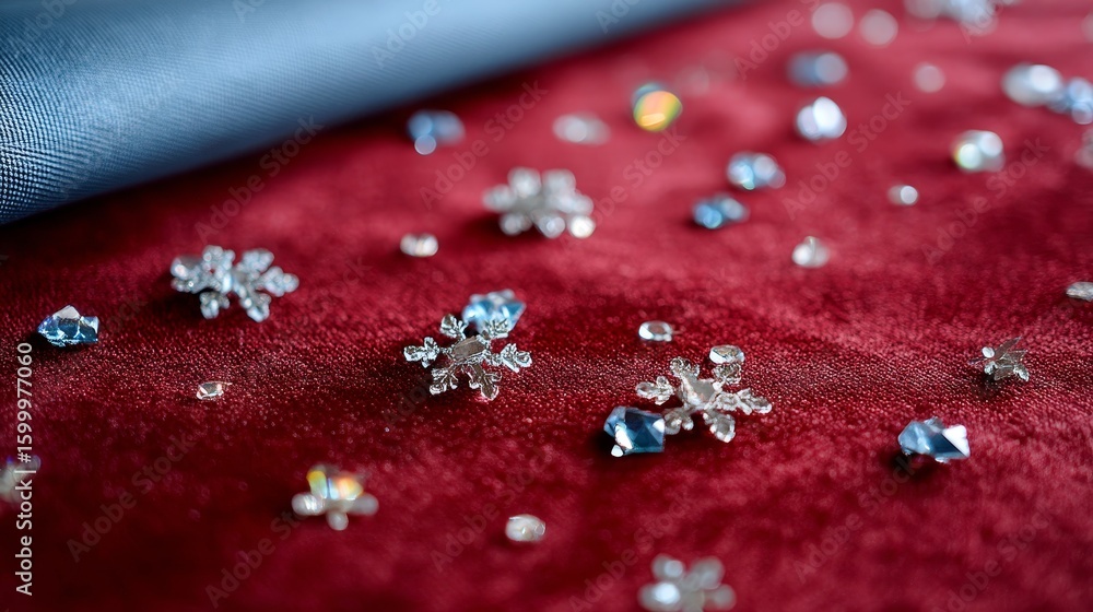 Aufkleber closeup of textured red velvet fabric adorned with sparkling snowflakes and subtle bokeh lights crea