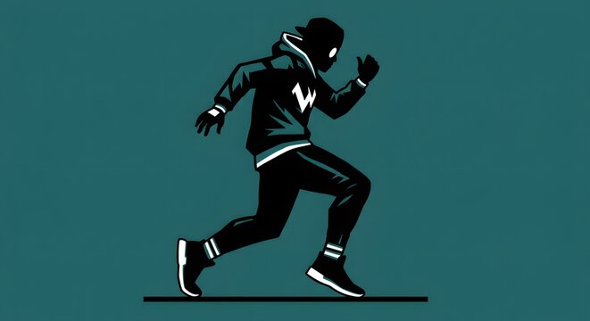 Graphic illustration of a mysterious urban runner in a dark hoodie and backward cap. This vector art captures the dynamic motion and anonymous identity of a modern hero.