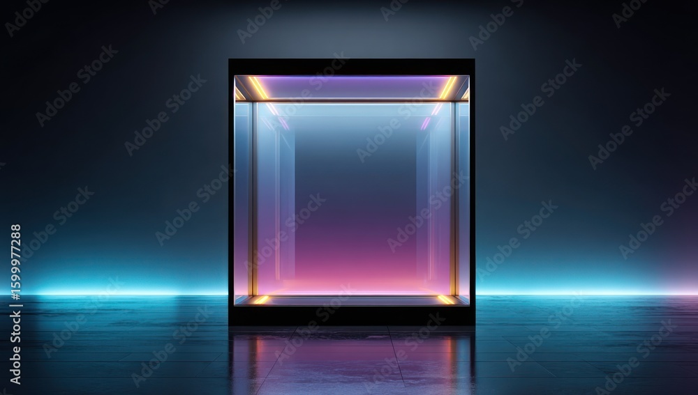 Poster empty display cube with vibrant neon lighting.