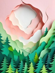 Papercut Landscape with Evergreen Forest and Sunrise