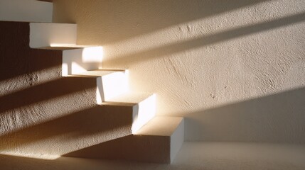 Abstract light study with amber projections creating geometric shadows on textured white walls with ample copy space on the right