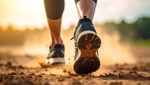 Close-up of runner's feet and shoes on a dirt trail at sunset