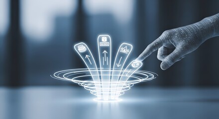 Hand interacting with a futuristic digital hologram, selecting user icons for business management, data control, and technological innovation