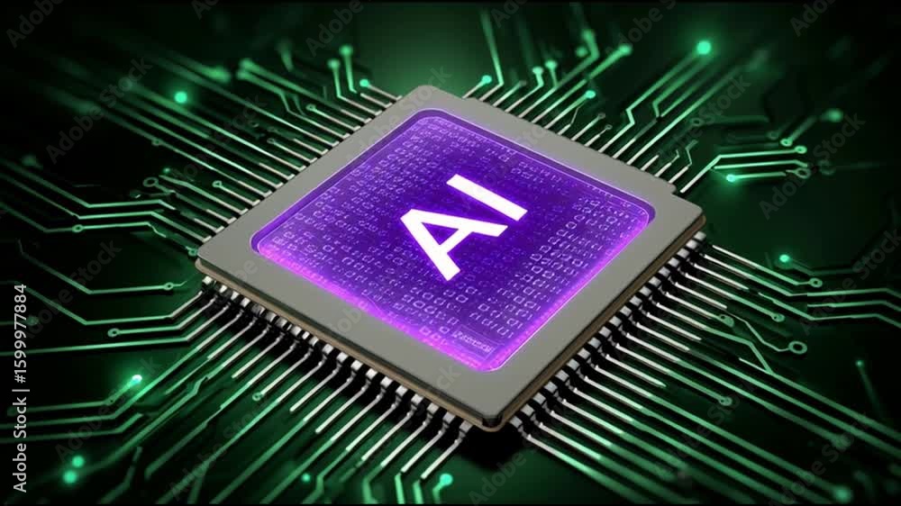 Poster futuristic artificial intelligence technology with powerful glowing purple processor. this computer 
