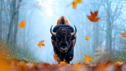Majestic American Bison Walking Through Autumn Forest