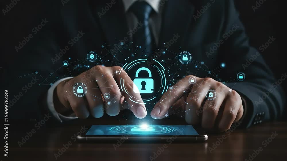 Poster security on device with locks and network visualization by a suited man