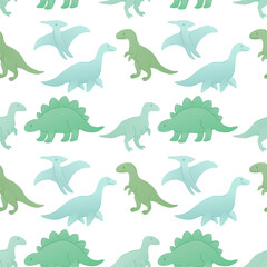 A seamless pattern featuring various cartoon dinosaurs in shades of green and blue. Includes a T-Rex, stegosaurus, and flying pterodactyls on a white background.