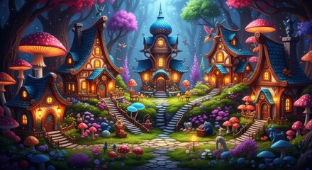 Fototapeta premium Enchanting Fairy Village Nestled Amongst Giant Luminescent Mushrooms and Lush Fantasy Forest