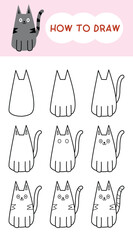 How to draw gray cat cartoon step by step for learning, drawing, kindergarten, coloring book and education