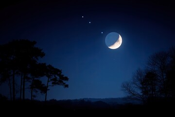 Crescent moon high in a dark night sky, silhouetted trees